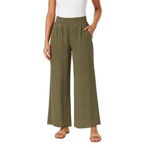 THREEDOTS Green Wide Leg Patterned Elastic Waist Boho Pockets Womens Small